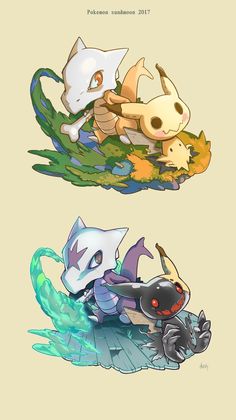 two different types of pokemons sitting on top of each other