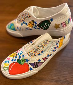 Perfect gift for your favorite teacher! Diy Teacher Shoes, Teacher Canvas Shoes Diy, Hand Painted Teacher Shoes, Artsy Hand Painted Multicolor Sneakers, Hand Painted Multicolor Low-top Custom Sneakers, Multicolor Hand Painted Low-top Sneakers, Hand Painted Vans, Teacher Shoes, School Spirit Week