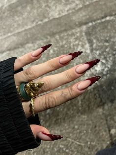 Long Red Almond Acrylic Nails, Red Claw Nails, Red And Gold Nails Acrylic, Red And Black Acrylic Nails Designs, Pierced Nails, Stiletto Shaped Nails, Plum Nails, Acrylic Press On Nails, Bling Acrylic Nails