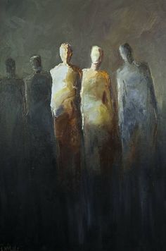 an oil painting of five people standing in a row with their backs to the camera