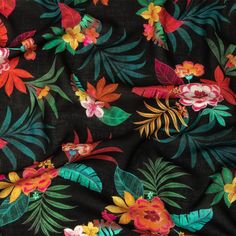 Mood Exclusive Havana Nights Viscose Voile - Prints - Rayon - Fashion Fabrics Havana Nights Color Palette, Cuban Flowers Havana Nights, Havana Graphic Design, Black V-neck Tropical Dress, Mood Designer Fabrics, Jungle Fabric Tropical Prints, Black Ground, Neon Flowers, Havana Nights