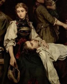 a painting of a woman laying on top of a man's head with other people around her