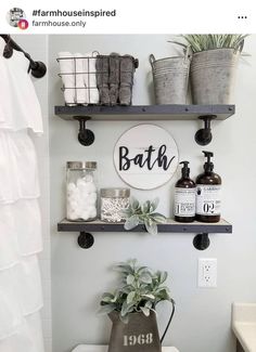 a bathroom with two shelves above the toilet and some plants on the shelf below it