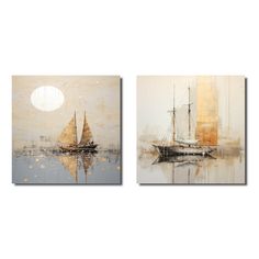 two paintings with sailboats in the water and one has a full moon behind it