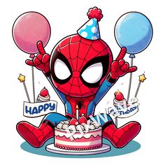 a spiderman birthday cake with balloons on it