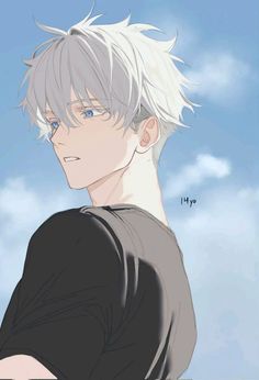 an anime character with white hair and blue eyes looking at the camera, in front of a cloudy sky