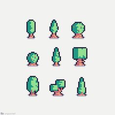 pixelated trees and bushes with different shapes