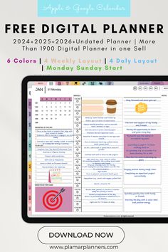 the free digital planner is displayed on a computer screen with text overlaying it
