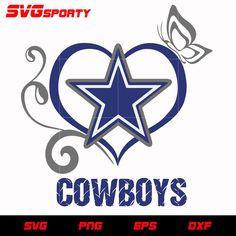 the cowboys logo is shown in blue and white with a heart shaped star on it