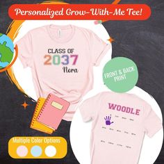 two t - shirts with the words class of 2077 mom and middle school teacher on them