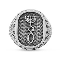 "A magnificent Sterling silver Grafted-In Messianic Signet Ring, incorporated with sterling silver decorative elements. The ring is embellished with sterling silver messianic symbol and decorated around with the western wall (Kotel) feature. The combination of the messianic symbol and the western wall will delight those with a love for Jerusalem and a desire to express their faith in the Lord Because of its unique and impressive design, this ring is suitable for both men and women, and makes a w Men's Gifts, Hamsa Jewelry, Judaica Jewelry, Star Of David Pendant, Jewish Jewelry, Western Wall, Gemstone Beaded Necklace, Yellow Gold Jewelry, Jewelry Statement