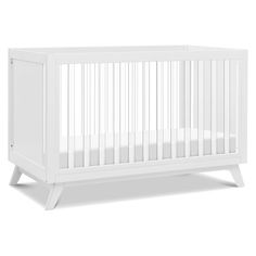 a white crib with no mattress in the bottom half and two legs on each side