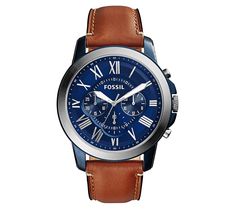 Elevate your wristwear with the Fossil men's Grant stainless chronograph watch. Featuring a rich brown leather strap and a striking blue dial adorned with silvertone Roman numerals, this timepiece combines classic elegance with modern functionality. The chronograph subdials add a touch of sophistication, making it perfect for both everyday wear and special occasions. From Fossil. Timeless Brown Chronograph Watch With Metal Dial, Brown Leather Watch With Metal Dial, Classic Brown Chronograph Watch With Analog Display, Brown Watches With Subdials, Masculine Brown Watch With Subdials, Classic Brown Chronograph Watch With Metal Dial, Luxury Brown Chronograph Watch With Metal Dial, Blue Leather Watch Accessories With Analog Display, Classic Blue Leather Chronograph Watch