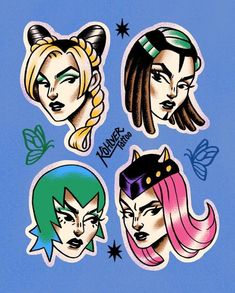 four stickers with different hair styles on them