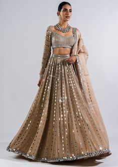 Real hand cut mirror heavily embellished lehenga with full sleeve mirror work blouse. Full Sleeve Wedding Lehenga, Full Sleeve Mirror Work Blouse, Mirror Lehenga Designs, Mirror Work Lehenga Blouse, Full Sleeves Lehenga, Dress With Mirror Work, Fusion Lehenga, Mirror Work Lehenga Choli, Beige Lehenga