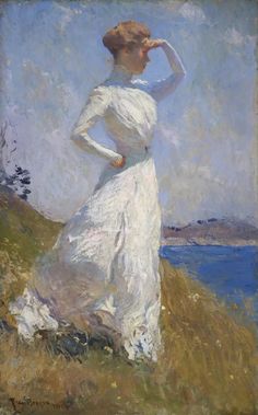 a painting of a woman in white dress standing on a hill by the ocean with her hands behind her head