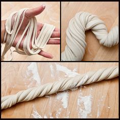 four pictures showing how to make a twisted rope sculpture with yarn and cotton in it