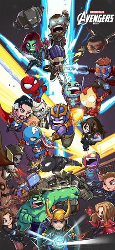 the avengerss movie poster is shown with many characters and their names in different colors