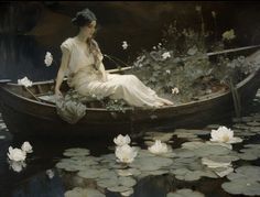 a painting of a woman in a boat surrounded by water lillies