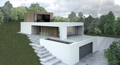 an artist's rendering of a modern house with stairs leading up to the front door