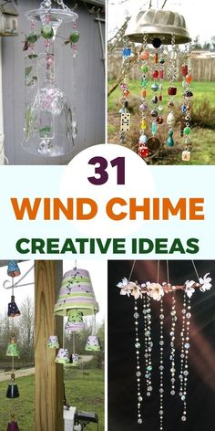 some wind chimes are hanging in the yard and on display with other things to make it