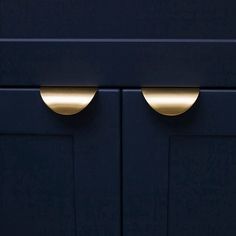 two brass handles on a dark blue cabinet