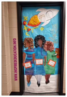 two women are standing in front of a door decorated with paper and magnets on it