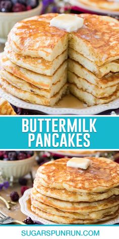 buttermilk pancakes stacked on top of each other