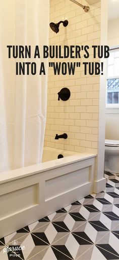 a bathroom with a black and white checkered floor, shower curtain, and tub