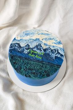 a cake that is on top of a white plate with blue and green frosting