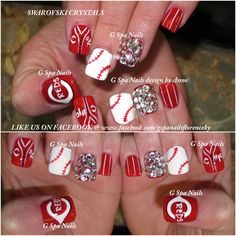 CINCINNATI RED NAILS - so need to find someone to do this for me! Cincinnati Bengals Nails Designs, Cincinnati Reds Nails, Baseball French Tip Nails, Cubs Nails Baseball, Giants Nails Baseball, School Nail Art, Baseball Nails