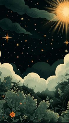 the night sky is full of stars and clouds, as well as some green plants