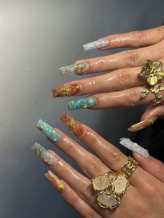 Winter Junk Nails, Caribbean Nail Designs, Every Nail Is Different Design, Earthy Nails Designs, Girly Nail Designs, Green Gold Nails, Maximalist Nails, Long Nail Art