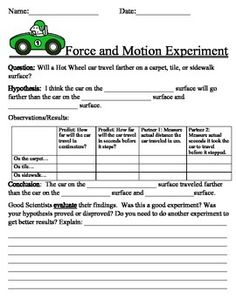 the force and motion experiment worksheet is shown with an image of a car