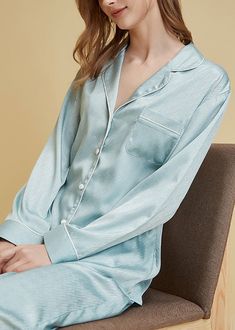 Women Light Blue V Neck Button Ice Silk Pajamas Two Pieces Set Long SleeveFabric: Ice SilkSize & Fit: Fit: This garment fits true to size.Length: Size 2XL measures 28.86"from shoulder to hemBust: Great for any cup size. Waist: Loose Fit. Comfortable room throughout midsection.Hip: Loose Fit - room for hips. Hand Wash Cold. Oversized Dress, Drawing Inspo, Linen Maxi Dress, Comfortable Room, Blue V, Spring Shirts, Cup Size, Knitted Pullover