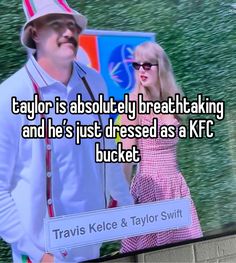 a man and woman standing next to each other in front of a tv screen with the caption taylor is about ugly breathing and he's just dressed as a kfc bucket