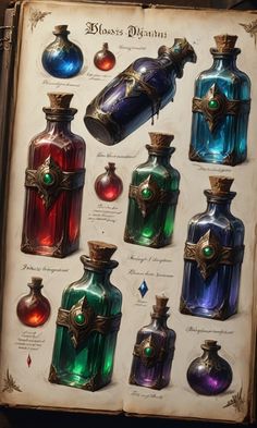 an open book with many different colored glass bottles on it's cover and labels