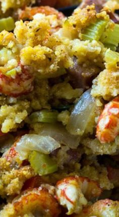 closeup of shrimp and vegetable stuffing on a plate with breadcrumbs in the background