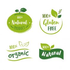 four logos for natural products with green leaves on the top and 100 % organic free