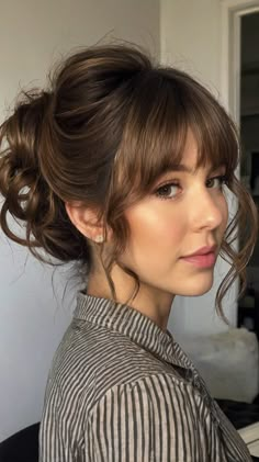 Style Your Look with Messy Bun with Thin Bangs prom hairstyles medium length bangs 💅 Hairdo Updo Messy, Prom Updos For Short Hair With Bangs, Messy Bun Updo With Bangs, Bangs With Updo Messy Buns, Updo With Full Bangs, Prom Hairstyles With Bangs Half Up, Long Hair With Bangs Updo, Messy Bun Hairstyles With Bangs, Wedding Hair Styles With Bangs