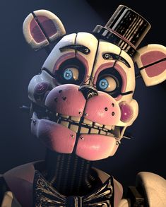 a creepy looking animal wearing a bow tie and top hat with eyes wide open, standing in front of a dark background