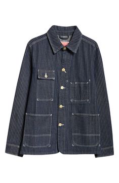 Railroad-striped denim underscores the utility aesthetic of this workwear-inspired jacket detailed with contrast topstitching and flower-shaped buttons. 29" length (size Medium) Front button closure Spread collar Button cuffs Chest button-flap patch pocket; chest patch pocket; front patch pockets; interior patch pocket 100% cotton Dry clean Made in Portugal Designer Clothing Spring Pinstripe Outerwear With Pockets, Workwear Denim Jacket With Contrast Stitching, Denim Jacket With Contrast Stitching For Work, Cotton Denim Jacket With Contrast Stitching For Work, Striped Button-up Outerwear With Pockets, Utility Aesthetic, Contrast Topstitching, Striped Denim, Workwear Jacket