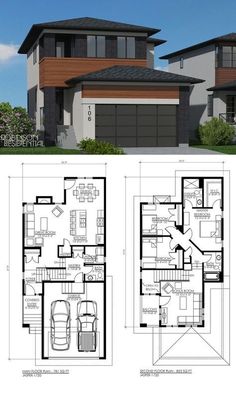 two story house plans with garage and living room in the middle, one bedroom on each floor