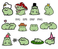 cartoon frog clipart with different expressions and hats for each character in the game, which includes