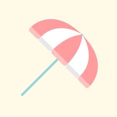 an umbrella is shown on a beige background with pink and white stripes, as well as a green stick