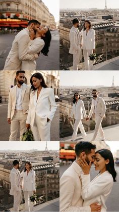 the couple is posing for pictures in front of the eiffel tower, paris