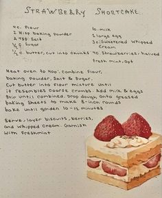 a piece of cake with strawberries on top is shown in an old recipe book