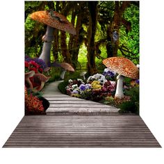 an open door with mushrooms and flowers on the outside, in front of a wooden walkway