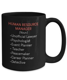 a black coffee mug with the words human resources manager in red and white on it