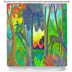 a shower curtain with an image of a giraffe in the jungle at sunset